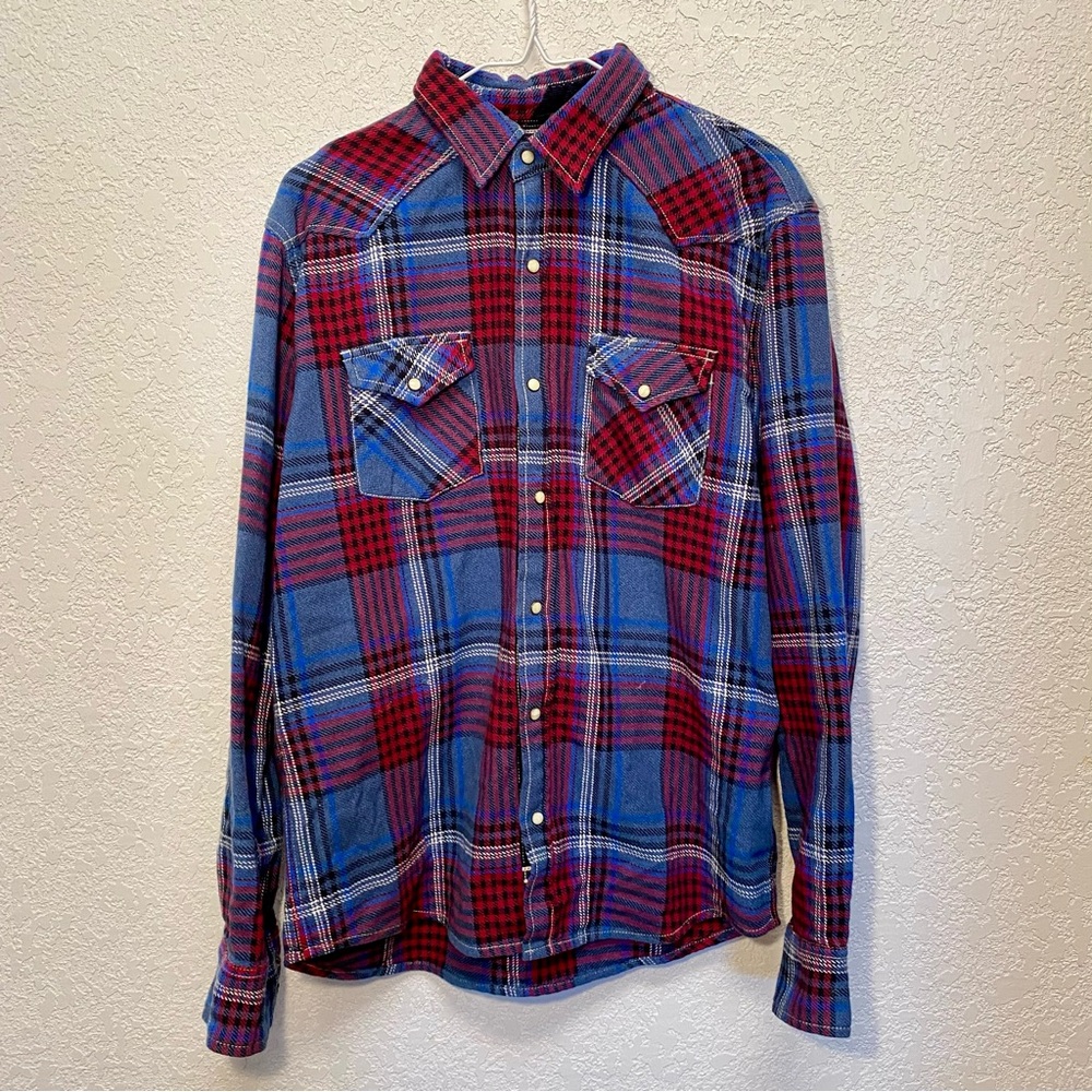 Los Angeles Third & Army Shirt Men’s L Red Blue Flannel Pearl Snap Button Cotton